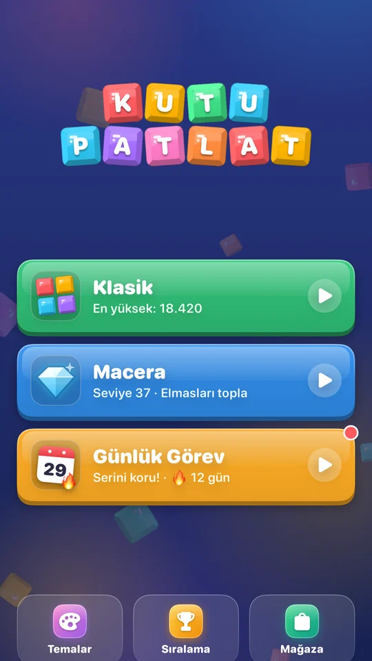 Kutu Patlat ana menü: Klasik, Macera ve Günlük Görev modları